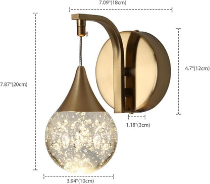 Modern Crystal Wall Sconce, Globe Wall Light, Led Bubble Wall Lamp for Bedroom Living Room Hallway, 3300k Warm White | Dimmable | Gold