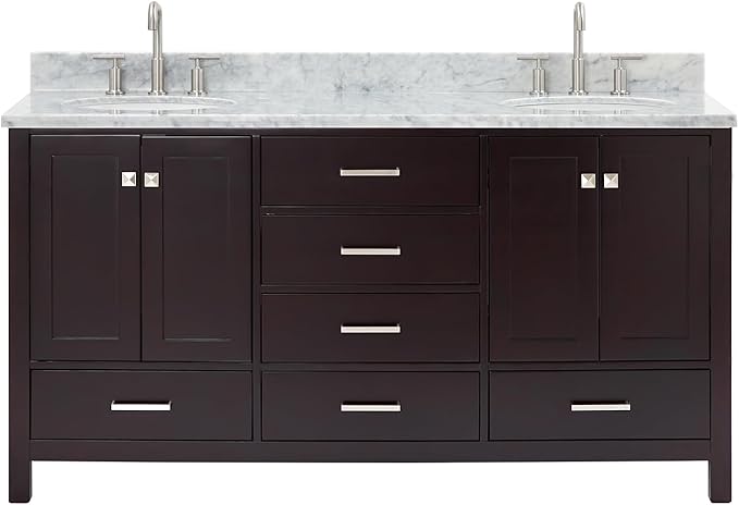 ARIEL Cambridge 66-inch Bathroom Vanity with Sink,Solid Wood, 0.75-inch Italian Carrara Marble Countertop, Double Oval Porcelain Sink, 4 Soft Closing Doors, 6 Dovetail Drawers, Espresso
