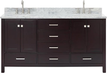 ARIEL Cambridge 66-inch Bathroom Vanity with Sink,Solid Wood, 0.75-inch Italian Carrara Marble Countertop, Double Oval Porcelain Sink, 4 Soft Closing Doors, 6 Dovetail Drawers, Espresso