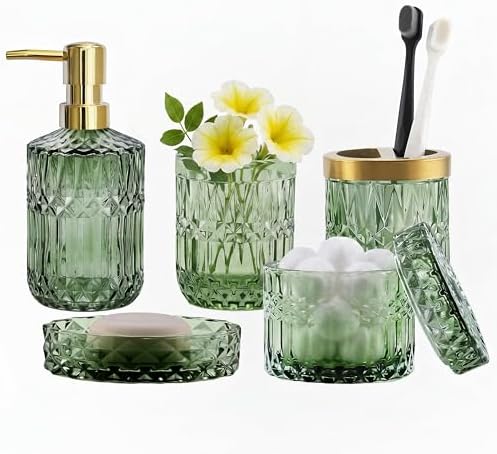 LaMarriti Green Bathroom Accessories Set, 6 Pcs Clear Glass Bathroom Set
