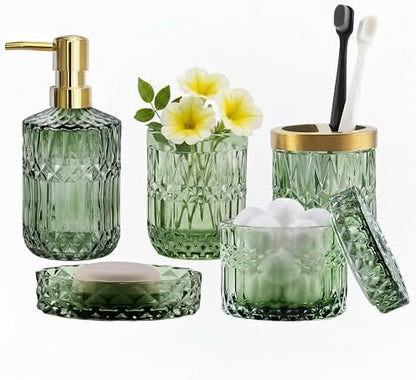 LaMarriti Green Bathroom Accessories Set, 6 Pcs Clear Glass Bathroom Set