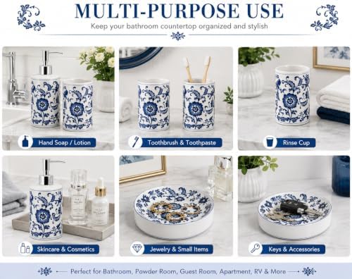 4 Piece Blue and White Ceramic Bathroom Accessories Set, Chinoiserie Floral Soap Dispenser, 2 Toothbrush Holders/Tumblers and Soap Dish, Porcelain Style Bath Countertop Decor