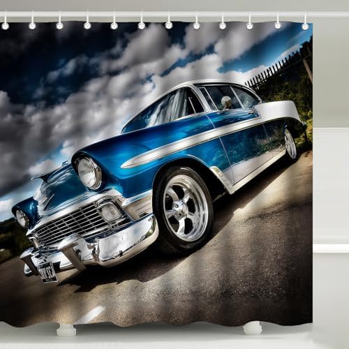 Classic Car Gloss Blue White Hot Rod Shower Curtain with Hooks 72 x 72 Inch