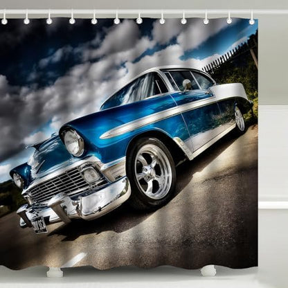 Classic Car Gloss Blue White Hot Rod Shower Curtain with Hooks 72 x 72 Inch
