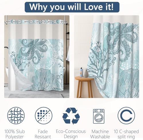 No Hook Shower Curtain with Snap-in Liner 71x74 Inch