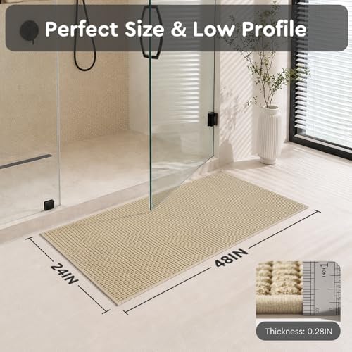 tchdio Bathroom Runner Rug, Absorbent Washable Thin Bath Mat, Non Slip Quick Dry Bath Rugs with Solid Rubber Backing, Low Profile Bath Mat, Beige, 24" x 48"