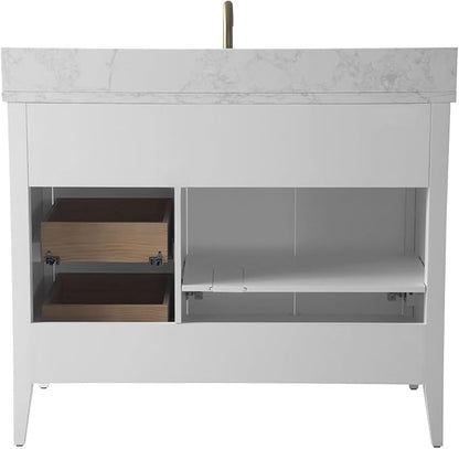 Vanity Art 42 inch Bathroom Vanity with Single Sink & Ceramic Top, Vanity Cabinet with Soft-Closing Door, Solid Wood Frame, Linear Pattern, White, VA9142-W-MB,Matte Black Handles