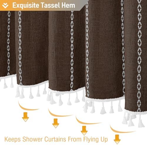 BTTN Brown Boho Farmhouse Linen Heavy Duty Cloth Shower Curtain Set, 72x72