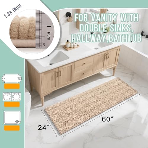 Yimobra Chenille Bathroom Runner Rug 60 x 24, Ideal for Tub-Side and Narrow Bathroom Walkways, Non-Slip Super Absorbent Quick Dry, Ultra Plush Machine Washable Bath Runner, Beige
