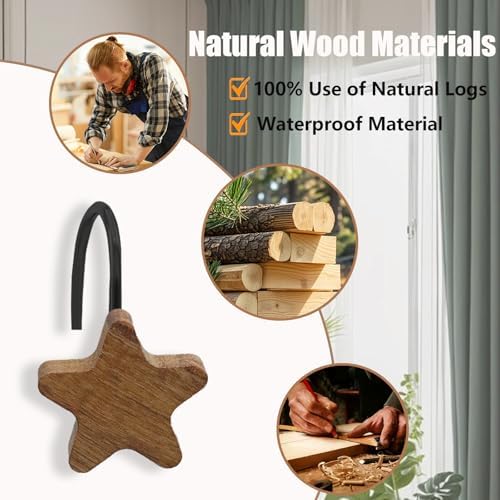 Shower Curtain Hooks, Wood Decorative Shower Curtain Rings, Modern Round Log Shower Curtain Hangers, 12PCS Shower Hooks for Shower Curtain Rod, Bedroom, Living Room (Star-Black)
