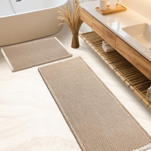 IM HOME Waffle Bath Mat Set Beige & White 2 Piece,Woven Modern Bath Rug Mats, Absorbent Non Slip Bath Floor Mat, Soft Washable Boho Bath Rugs with Tassels for Bathroom, Bedroom, Kitchen,Tub