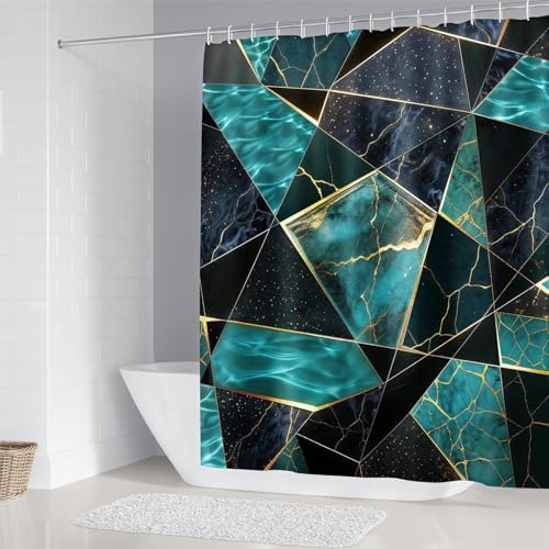 LQCOOL Teal Marble Geometric Shower Curtain Set Bathroom Sets Modern Shower Curtain Set for Bathroom Sets with Rugs and 12 Hooks