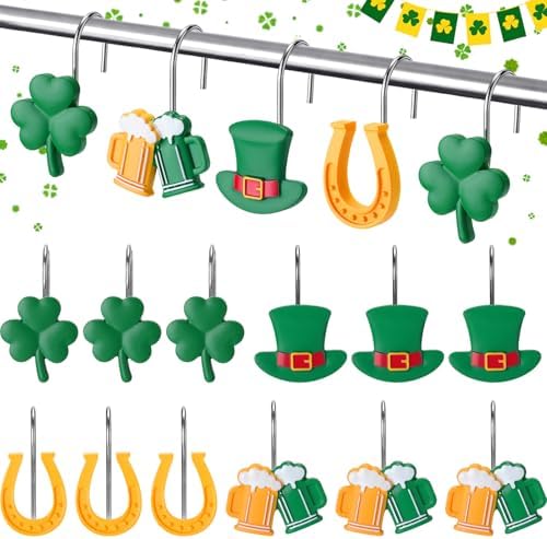 Thyle 12 Pcs St Patrick's Day Shower Curtain Hooks, Irish Ornament Rings with Shamrock Green Hat Horseshoe Beer Mug Curtain Hangers Irish Decorative for Home Holiday Bathroom Bedroom Accessories Decor