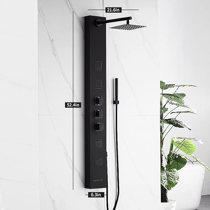 Achelous Square Rainfall Shower Head Panel System with Thermostatic,Stainless Steel High Pressure Turbo Body Jets Waterfall Shower Tower,Brass Handheld Wand in Matte Black