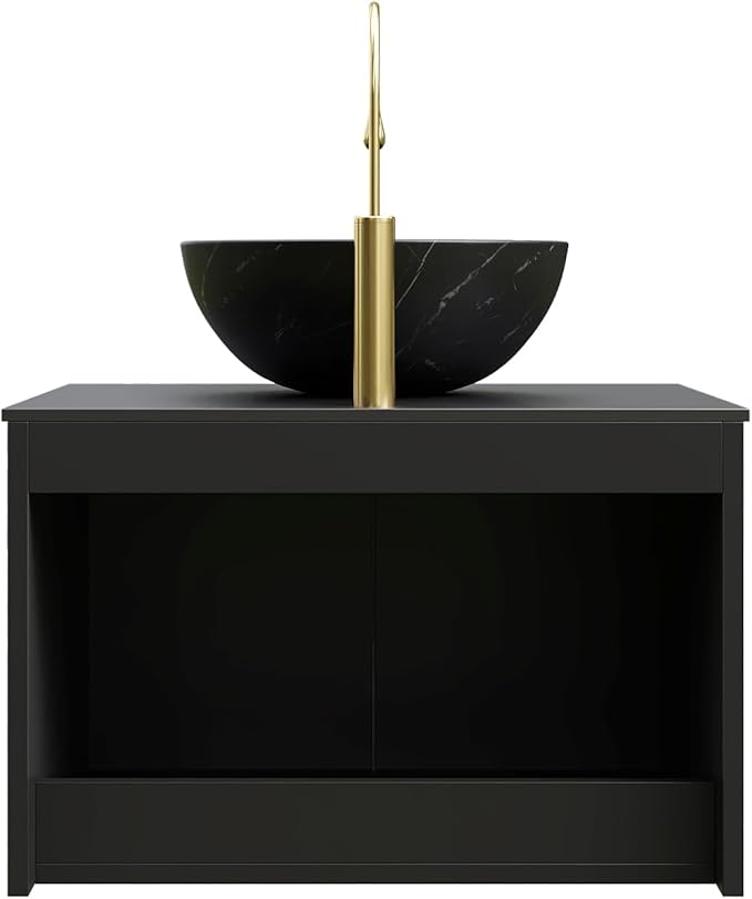 24 Inch Bathroom Vanity with Sink, Small Floating Fluted Vanity with Vessel Sink, Modern Wall Mounted Bathroom Vanity Cabinet with 2 Doors, Bowl Ceramic Sink & Sintered Stone Top, Black