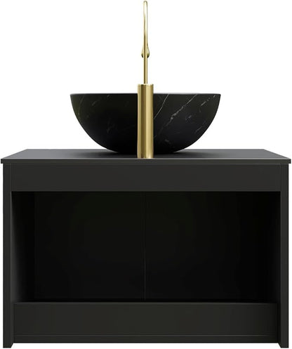 24 Inch Bathroom Vanity with Sink, Small Floating Fluted Vanity with Vessel Sink, Modern Wall Mounted Bathroom Vanity Cabinet with 2 Doors, Bowl Ceramic Sink & Sintered Stone Top, Black