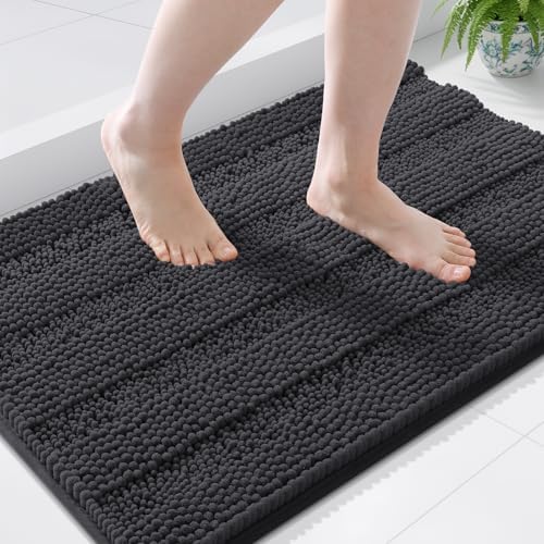 Grandaily Chenille Striped Bathroom Rugs 36x24, Extra Thick and Soft Absorbent Bath Mats, Rubber Backing, Plush Shaggy Shower Carpet, Machine Wash Dry, Bath Rug for Bathroom, Charcoal