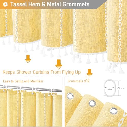 BTTN 72x96 Extra Long Boho Linen Heavy Duty Shower Curtain Set, Yellow