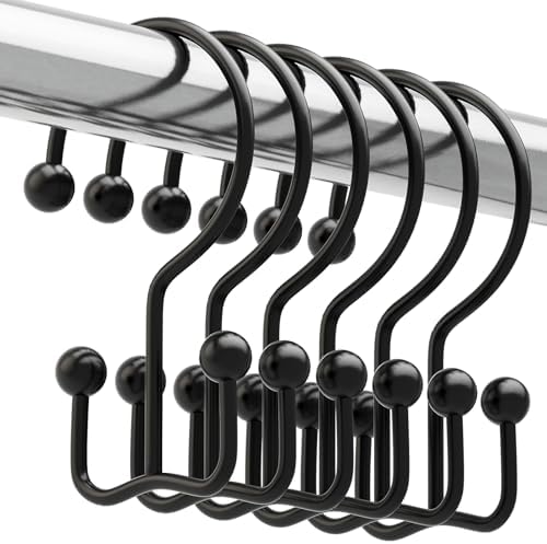 Titanker Shower Curtain Hooks Rings, Rust Resistant Metal Minimalist Simple Double Glide Shower Hooks Rings for Bathroom Shower Rods Curtains, Set of 12 Hooks - Black