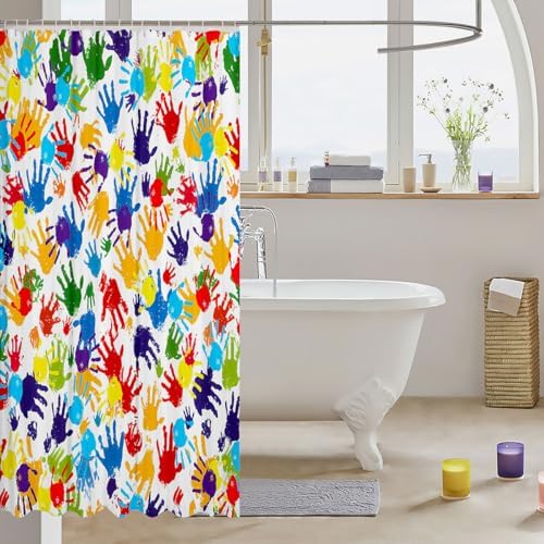 Feelyou Cute Handprint Shower Curtain Kids Boys Girls Watercolor Rainbow Bathroom Waterproof Accessories with 12 Hooks 72x72 Inches Modern Colorful Hand Shapes Abstract Decoration