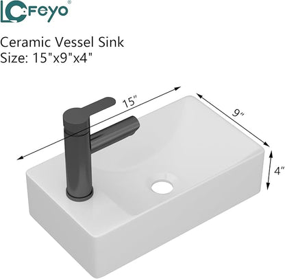 Small Bathroom Sink - 15"x9" Wall Mount Rectangular Ceramic Vessel Sink White Porcelain Floating Vanity Sink for Tiny Bathrooms with Faucet & Drain Combo (Left Hand Bowl Options)