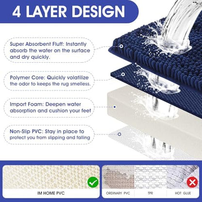 ACCUMTEK Striped Navy Blue Bathroom Rug Mat 32"x20" Ultra Soft, Non Slip Chenille Bath Rugs, Absorbent Plush Shaggy Bath Mats for Bathroom, Bedroom, Kitchen, Shower, Tub
