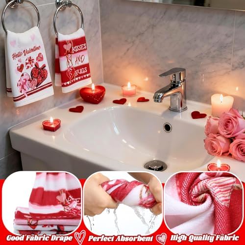FuWeave 8 Pcs Valentines Shower Curtain Set Red Conversation Hearts Sweet Romantic Bathroom Decor Valentines Day Waterproof Shower Curtain Towels Non Slip Rug Toilet Lid Cover Bath Mat with 12 Hooks