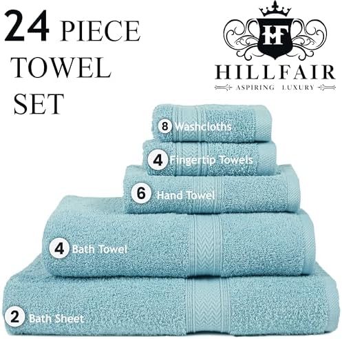 HILLFAIR 100% Cotton 24 Piece Bath Towels Set for Bathroom - Ocean Blue