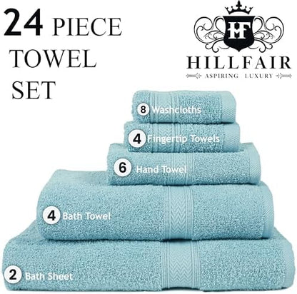 HILLFAIR 100% Cotton 24 Piece Bath Towels Set for Bathroom - Ocean Blue