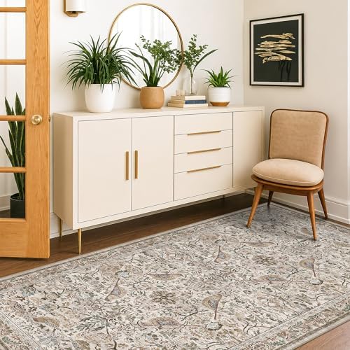 Moss 3x6 Washable Rug for Large Entryway - Boho Bird Rugs for Kitchen, Bedroom Bedside, Indoor Entrance Door Mat with Moody Woodland Flowers, Non-Slip Stain Resistant Low Pile