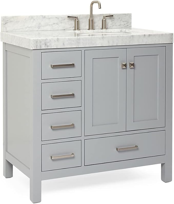ARIEL Cambridge 36-inch Bathroom Vanity with Sink,Solid Wood, 2-inch Italian Carrara Marble Countertop, Single Rectangular Porcelain Sink, 2 Soft Closing Doors, 5 Dovetail Drawers, Grey