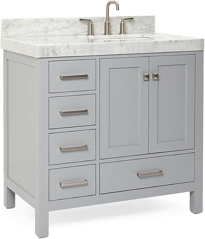 ARIEL Cambridge 36-inch Bathroom Vanity with Sink,Solid Wood, 2-inch Italian Carrara Marble Countertop, Single Rectangular Porcelain Sink, 2 Soft Closing Doors, 5 Dovetail Drawers, Grey