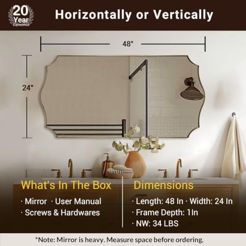 ANDY STAR 24"x48" Brushed Gold Scalloped Bathroom Mirror for Over Sink