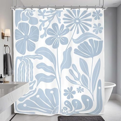 Light Blue Matisse Flower Shower Curtain 60Wx72L Inch Abstract Retro Aesthetic Minimalist Vintage Art 70s Modern Bathroom Set Accessories Decor with 12 Pack Hooks