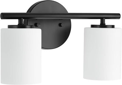 Progress Lighting 2-Light Bathroom Vanity Light, Modern Bath Lighting Fixture with Etched White Glass Shades for Over the Mirror, Reversible Mounting, Replay Collection, Textured Black