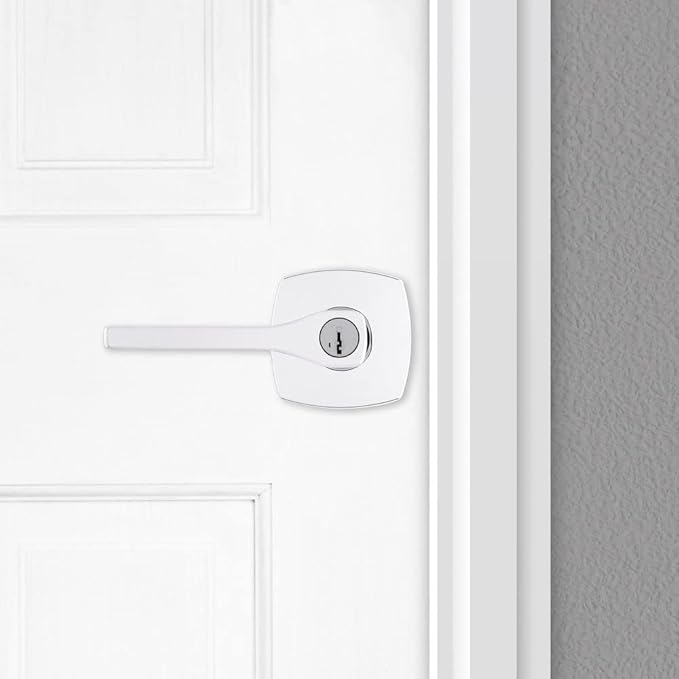 Kwikset Tripoli Lever Entry Door Handle with Lock and Key, Secure Keyed Reversible Lever Exterior, Doorlock, For Front Entrance and Bedrooms, Polished Chrome, Pick Resistant Smartkey Rekey Security