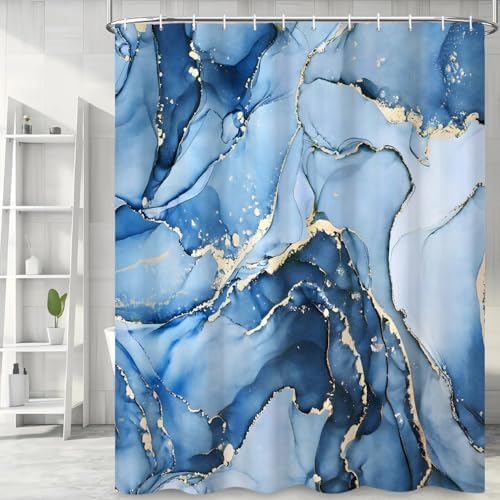 Blue Marble Shower Curtain, Modern Abstract Luxury Blue Gold Ink Texture Watercolor Art Bathroom Curtains Ombre Machine Washable Waterproof Fabric Bathtub Curtain Set with Hooks 60" Wx72 L