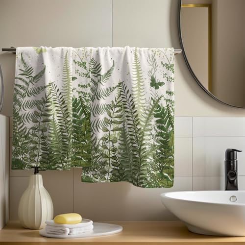 Fern Leaf Hand Towels Set of 2, 14x28 Inch Summer Botanical Greenery Leaves Tropical Decor Absorbent Soft Dish Cloth for Home Kitchen Bathroom Seasonal Decoration