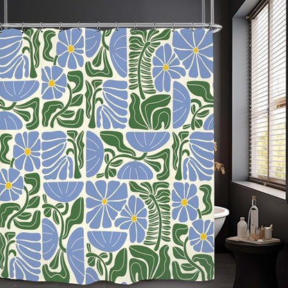 Matisse Flower Shower Curtain 60Wx72L Inch Abstract Retro Aesthetic Minimalist Vintage Art 70s Modern Violet Blue Green Bathroom Set Accessories Decor with 12 Pack Hooks