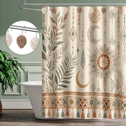 Thyle 12 Pcs Boho Shower Curtain Hooks, Bohemian Tassel Ornament Rings Shower Curtain Hooks Holiday Decorative for Bathroom Accessories