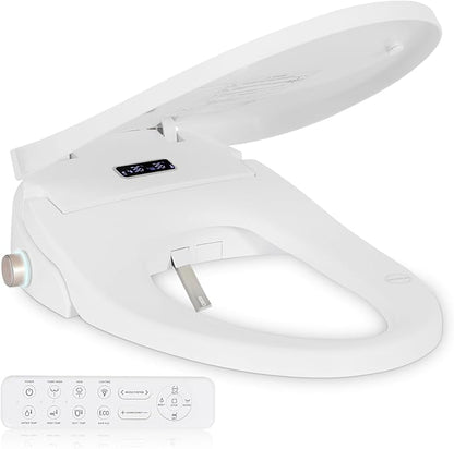Smart Heated Toilet Seat for Elongated V-Shaped Toilets – Bidet Warm Water Wash, Self-Cleaning Nozzle, Warm Air Dryer, Deodorizer, Soft-Close Lid, LED Night Light & Remote Control, Easy Install