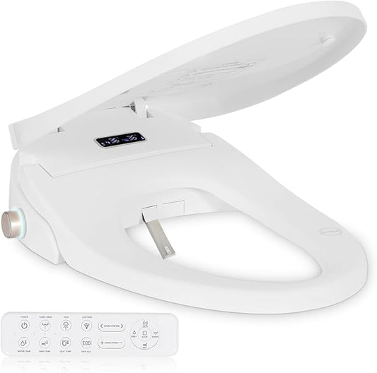 Smart Heated Toilet Seat for Elongated V-Shaped Toilets – Bidet Warm Water Wash, Self-Cleaning Nozzle, Warm Air Dryer, Deodorizer, Soft-Close Lid, LED Night Light & Remote Control, Easy Install