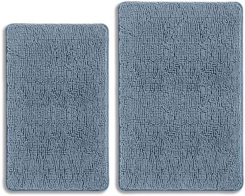 Blue Bathroom Rugs Sets 2 Piece – Absorbent and Washable Bath Mat, Non-Slip, Thick Soft Chenille Bath Rugs for Bathroom Floor, Shower, Sink - 20" x 32"+24" x 36"