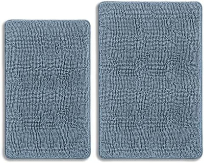 Blue Bathroom Rugs Sets 2 Piece – Absorbent and Washable Bath Mat, Non-Slip, Thick Soft Chenille Bath Rugs for Bathroom Floor, Shower, Sink - 20" x 32"+24" x 36"