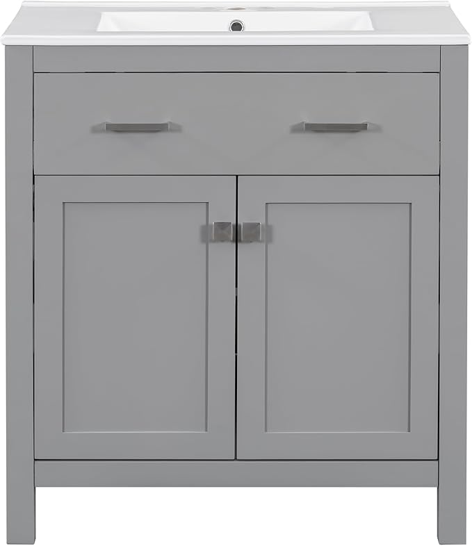 Favfurish 30" Bathroom Vanity with Ceramic Sink,Undermount Single Basin Vanity Set w/1 Flip-Out Drawer and 2 Soft-Close Doors & Adjustable Shelf,Freestanding Storage Cabinet,Solid Wood Frame,Gray