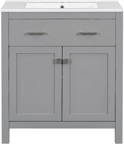 Favfurish 30" Bathroom Vanity with Ceramic Sink,Undermount Single Basin Vanity Set w/1 Flip-Out Drawer and 2 Soft-Close Doors & Adjustable Shelf,Freestanding Storage Cabinet,Solid Wood Frame,Gray