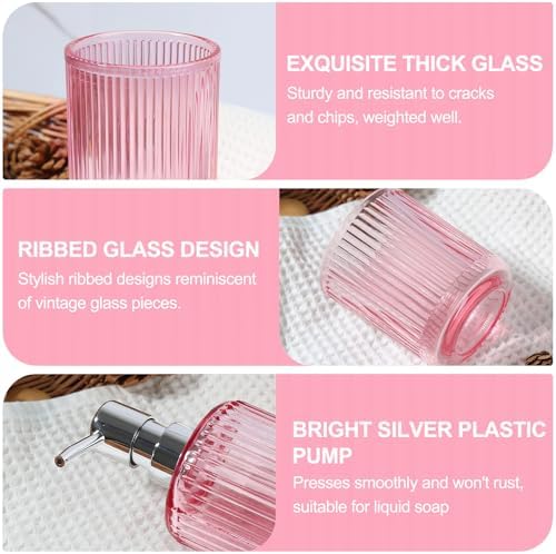 Pink Bathroom Accessories Set, 4 Pcs Glass Bathroom Accessory Set, Pink Soap Dispenser and Toothbrush Holder Set, Qtip Holder Set, Vintage Bathroom Sink Set, Cute Bathroom Decor