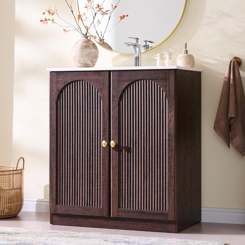 IFBUY 30 Inch Arched Bathroom Vanity with Sink, Fluted Design, Dark Walnut