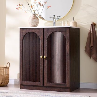 IFBUY 30 Inch Arched Bathroom Vanity with Sink, Fluted Design, Dark Walnut