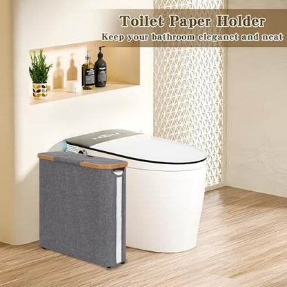 Toilet Paper Storage Basket with Lid - The Ultimate Bathroom Organizer, Free Standing Toilet Paper Holder for Up to 12 Mega Rolls, Toilet Tissue Storage Bin with Handle for RV Closet, Grey